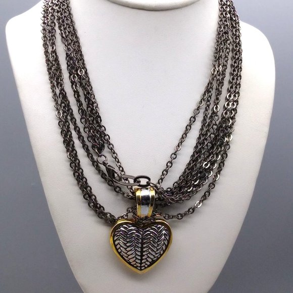 Vintage Two Tone Heart Pendant Necklace, Multi Strand Gunmetal Chain - Picture 1 of 5